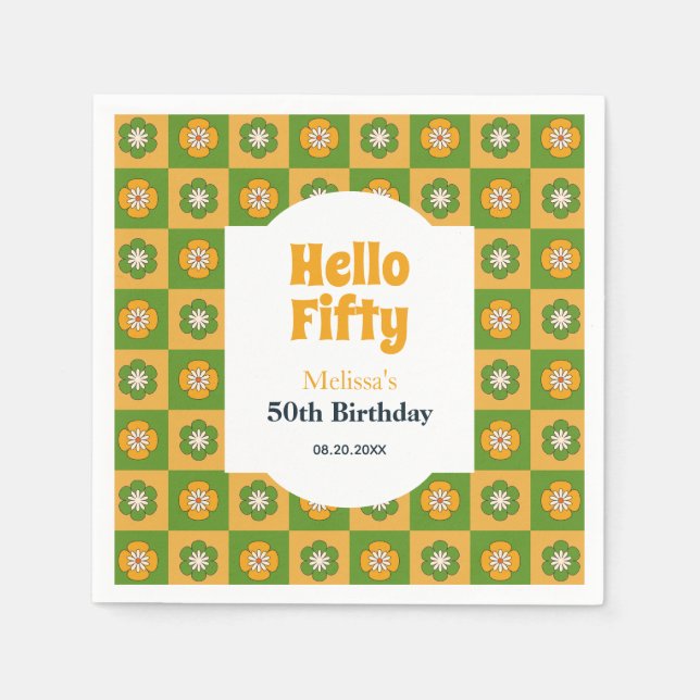 Retro Daisy Flower Chequered Hello Fifty Birthday Napkin (Front)