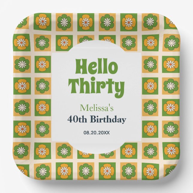Retro Daisy Flower Chequered Hello Thirty Birthday Paper Plate (Front)