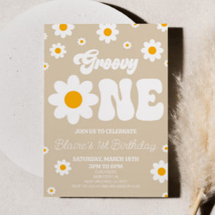 Retro Daisy Flower Groovy One 1st Birthday Party Invitation