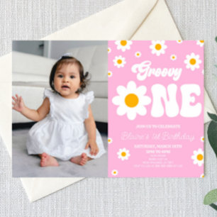 Retro Daisy Flower Groovy One 1st Birthday Party Invitation