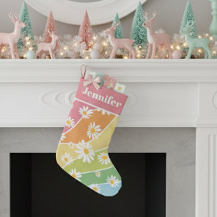 Retro Daisy Flower Pastel Stripes Monogram Small Christmas Stocking
