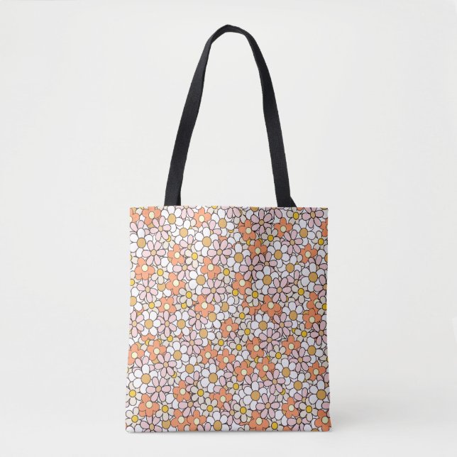 Retro Daisy Flower Pattern Tote Bag-Pink & Orange Bag (Front)