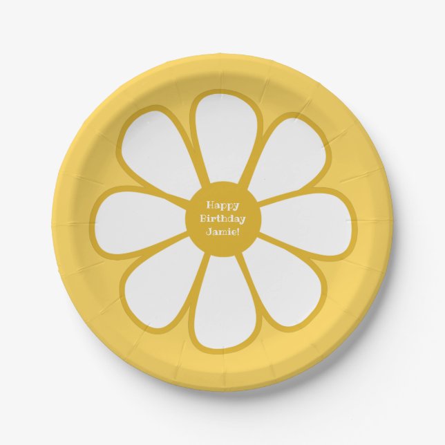 Retro Daisy Flower Single in Mustard Personalised Paper Plate (Front)