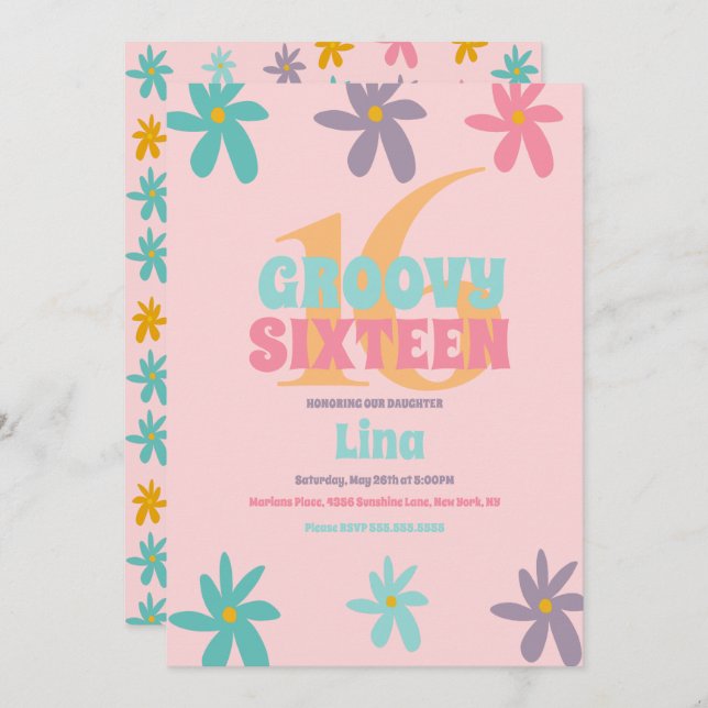  Retro Daisy Flower Sweet 16 Birthday Party  Invitation (Front/Back)