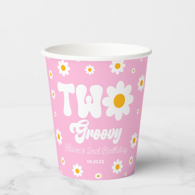 Retro Daisy Flower Two Groovy 2nd Birthday Party Paper Cups (Front)
