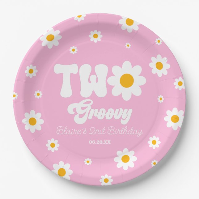 Retro Daisy Flower Two Groovy 2nd Birthday Party Paper Plate (Front)