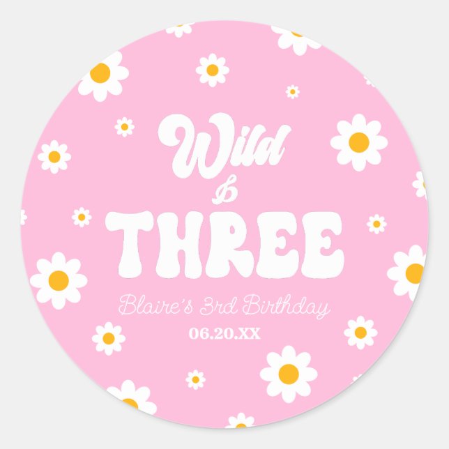 Retro Daisy Flower Wild & Three 3rd Birthday Party Classic Round Sticker (Front)