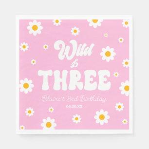 Retro Daisy Flower Wild & Three 3rd Birthday Party Napkin