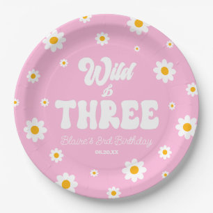 Retro Daisy Flower Wild & Three 3rd Birthday Party Paper Plate
