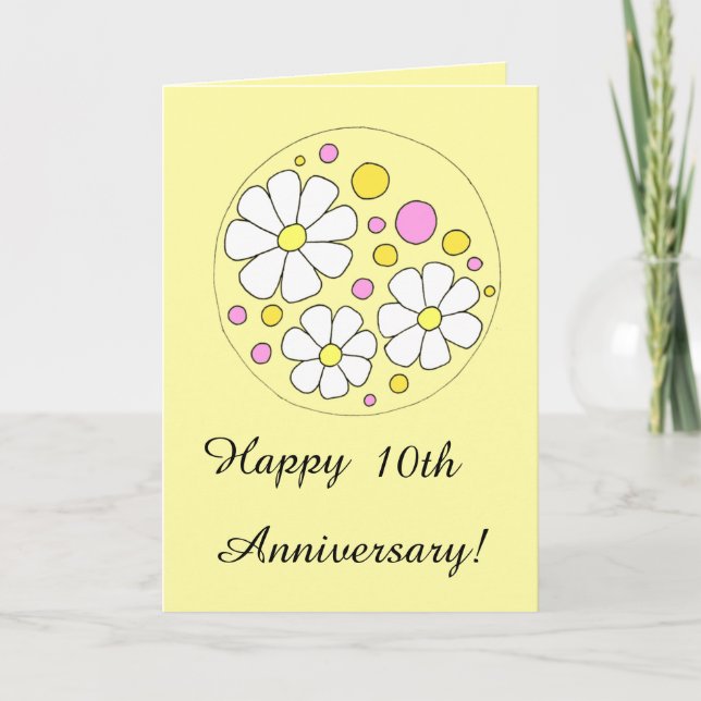 Retro Daisy Flowers Happy 10th Anniversary Card (Front)