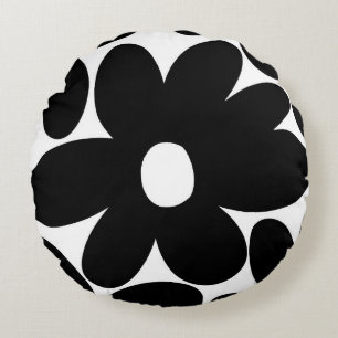 Retro Daisy Flowers in Black & White #1 #floral Round Cushion