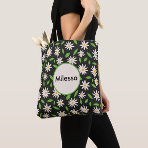 Retro Daisy flowers on Black Custom Name  Tote Bag