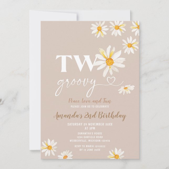 Retro Daisy Flowers Two Groovy Birthday Party Invitation (Front)