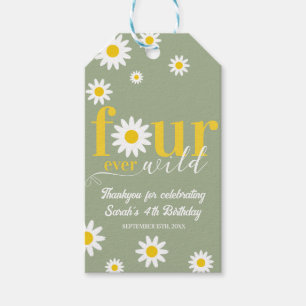 Retro Daisy Four Ever Wild Sage Green 4th Birthday Gift Tags