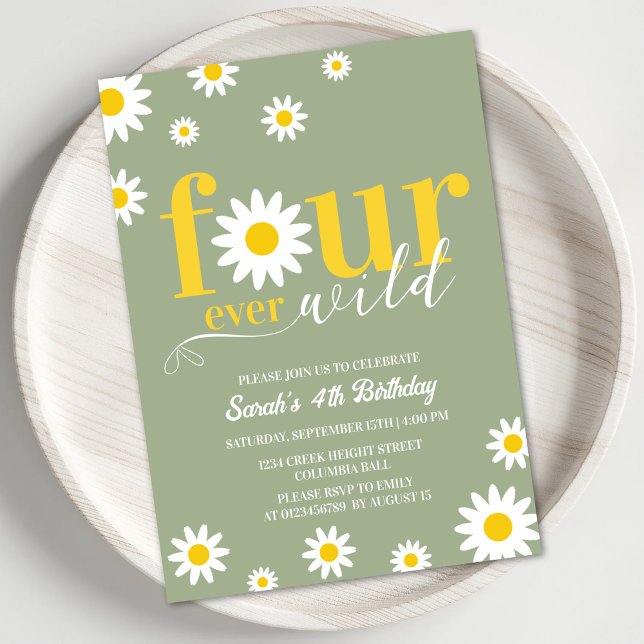 Retro Daisy Four Ever Wild Sage Green 4th Birthday Invitation (Creator Uploaded)