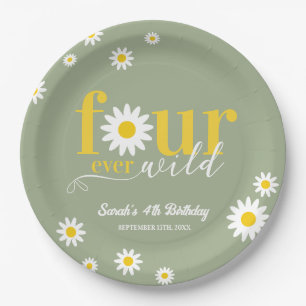 Retro Daisy Four Ever Wild Sage Green 4th Birthday Paper Plate