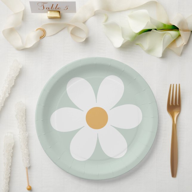 Retro daisy green boho paper plates (Wedding)