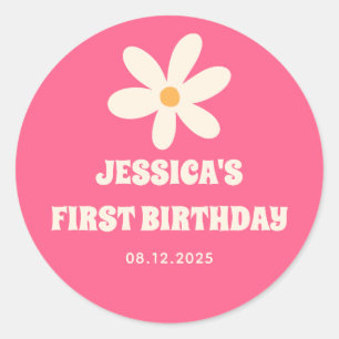 Retro Daisy Hot Pink Kids' 1st Birthday Party Classic Round Sticker