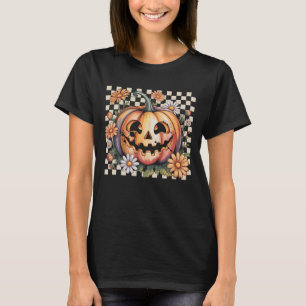 Retro Daisy Jack O Lantern Pumpkin Halloween Check T-Shirt