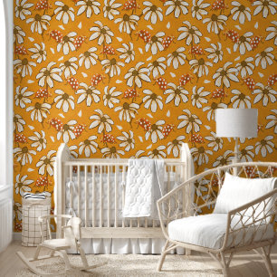 Retro Daisy & Ladybug Yellow Floral Wallpaper