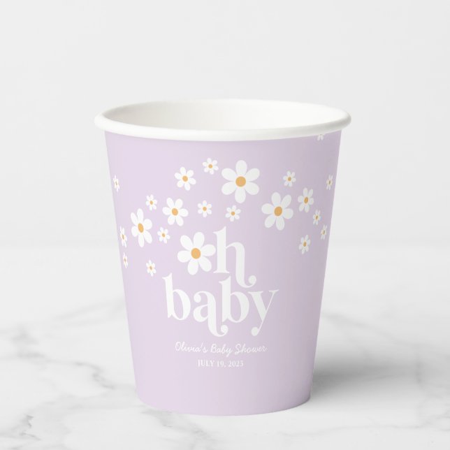 Retro Daisy lavender Oh Baby Baby Shower Paper Cups (Front)