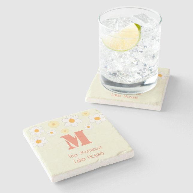 Retro  Daisy Monogram Stone Coaster (Side)