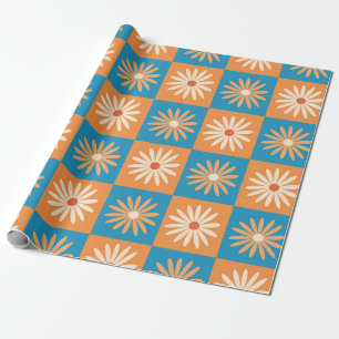 Retro Daisy on Blue and Orange Checkerboards  Wrapping Paper