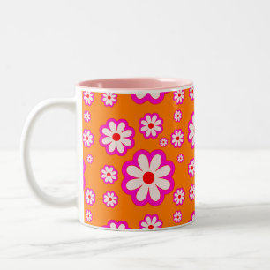 Retro Daisy Pattern Orange& Pink BOHO Chic Floral Two-Tone Coffee Mug