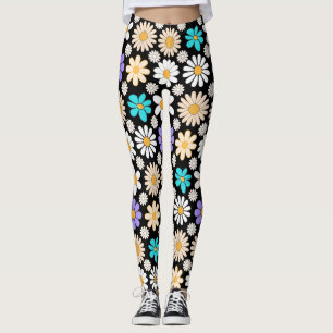 Retro Daisy Pattern Simple.01. Black BG Leggings