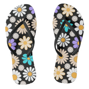 Retro Daisy Pattern Simple.01. Black BG Thongs