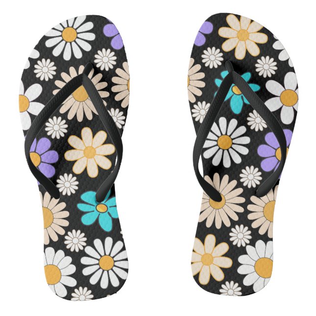 Retro Daisy Pattern Simple.01. Black BG Thongs (Footbed)