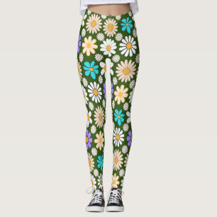 Retro Daisy Pattern Simple.01. D Green BG Leggings