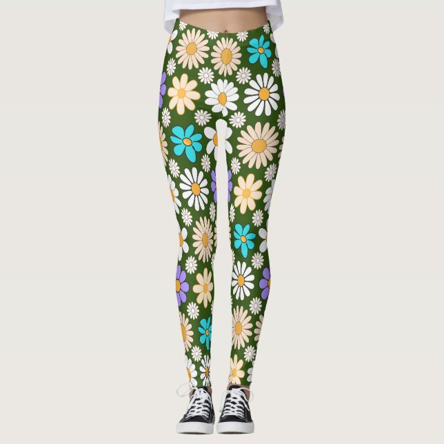 Retro Daisy Pattern Simple.01. D Green BG Leggings (Front)
