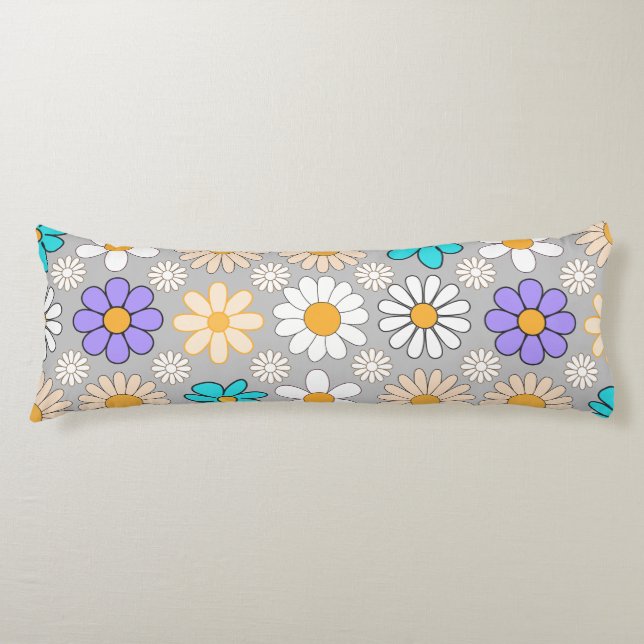 Retro Daisy Pattern Simple.01. Grey BG Body Cushion (Front)