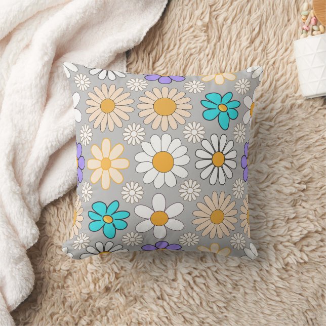 Retro Daisy Pattern Simple.01. Grey BG Cushion (Blanket)
