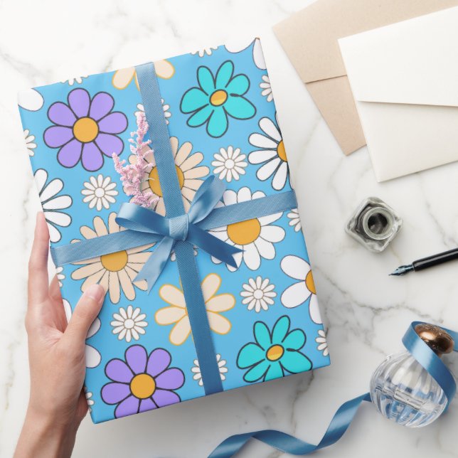 Retro Daisy Pattern Simple.01. L Blue BG Wrapping Paper (Gifting)