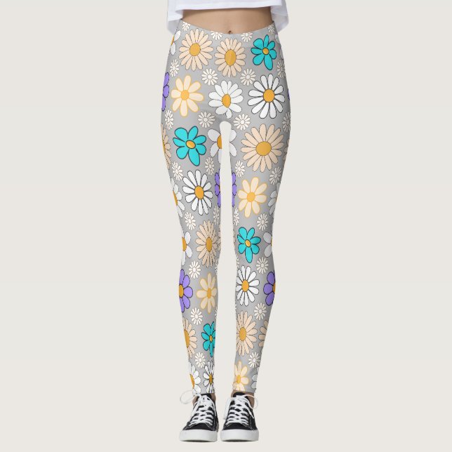 Retro Daisy Pattern Simple.01. L Grey BG Leggings (Front)