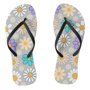 Retro Daisy Pattern Simple.01. L Grey BG Thongs