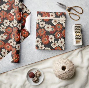 Retro Daisy Pattern with Warm Tones on Black Wrapping Paper