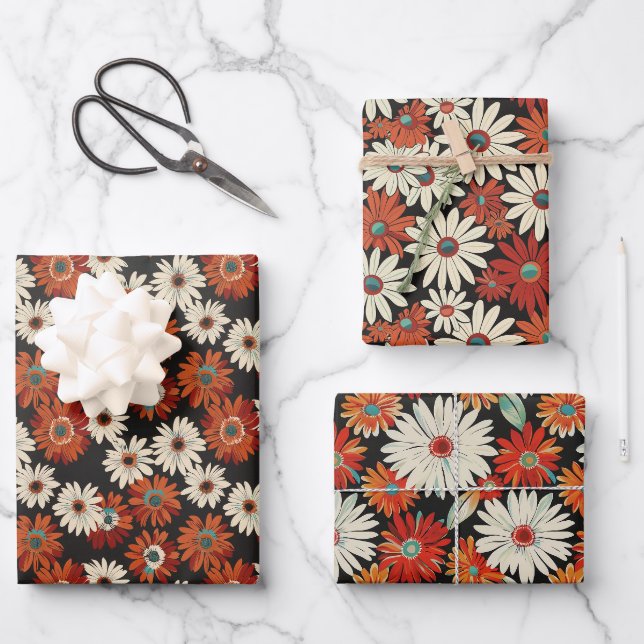 Retro Daisy Pattern with Warm Tones on Black Wrapping Paper Sheet (Front)