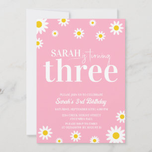 Retro Daisy Pink and White Minimal 3rd Birthday  Invitation