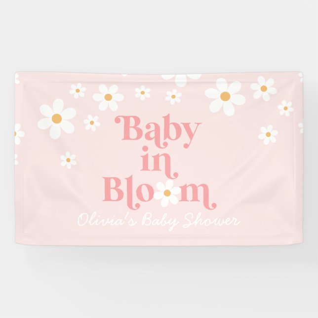 Retro Daisy Pink Baby in Bloom Baby Shower Banner (Horizontal)