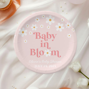 Retro Daisy Pink boho Baby in Bloom Baby Shower Paper Plate