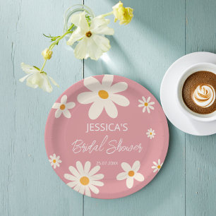 Retro daisy pink boho desert pink bridal shower paper plate
