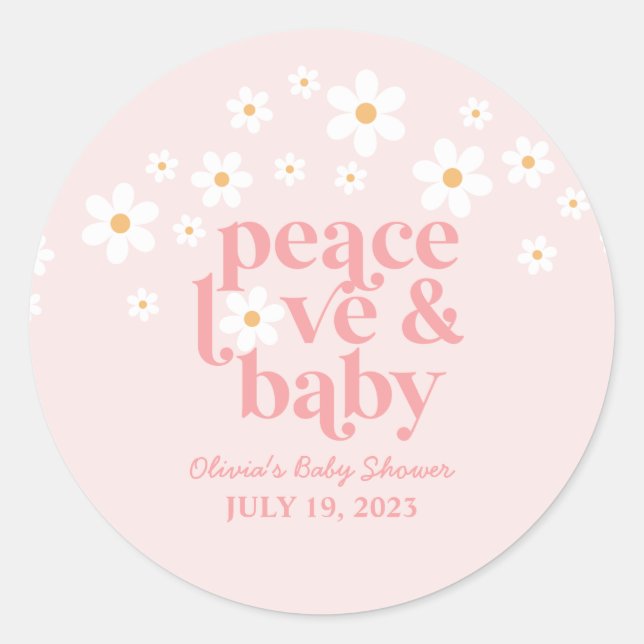 Retro Daisy Pink boho Peace Love Baby Shower Classic Round Sticker (Front)