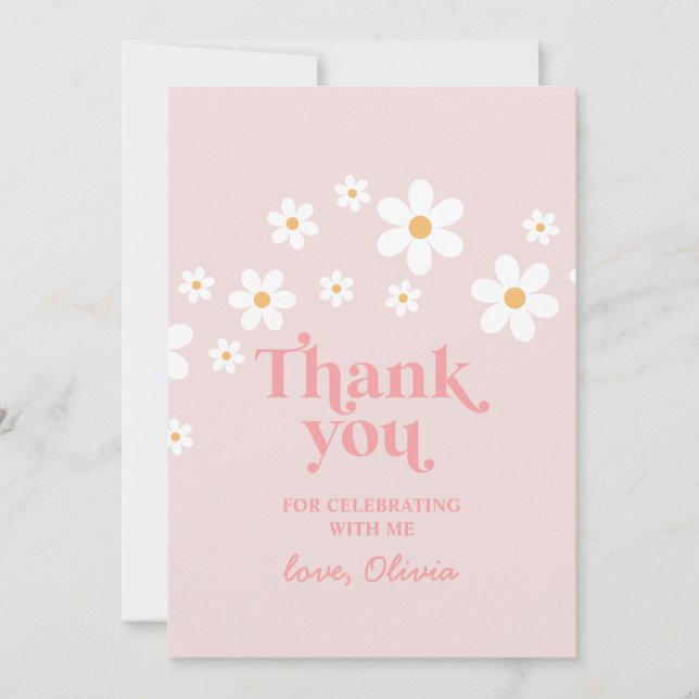 Retro Daisy Pink boho thank you favour Invitation (Front)
