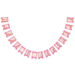 Retro Daisy Pink Sunburst Happy 1st Birthday Banne Bunting