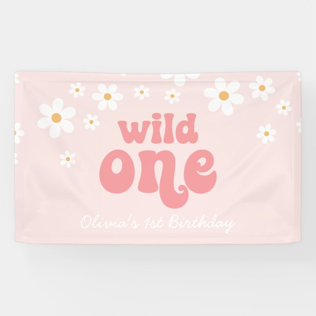 Retro Daisy Pink Wild One 1st Birthday Banner (Horizontal)