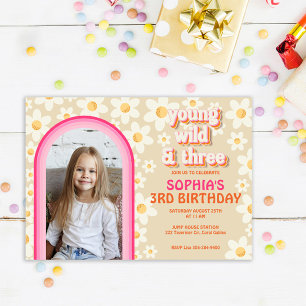Retro Daisy Rainbow 3rd Birthday Photo Invitation 