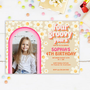 Retro Daisy Rainbow 4th Photo Birthday Invitation